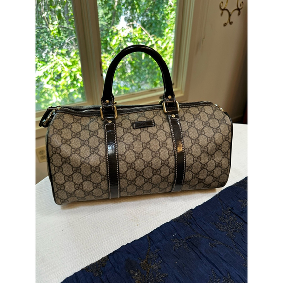 Gucci Handbags - Gucci Brown Coated Canvas & Patent Leather Medium Boston Bag w/ Shoulder Strap